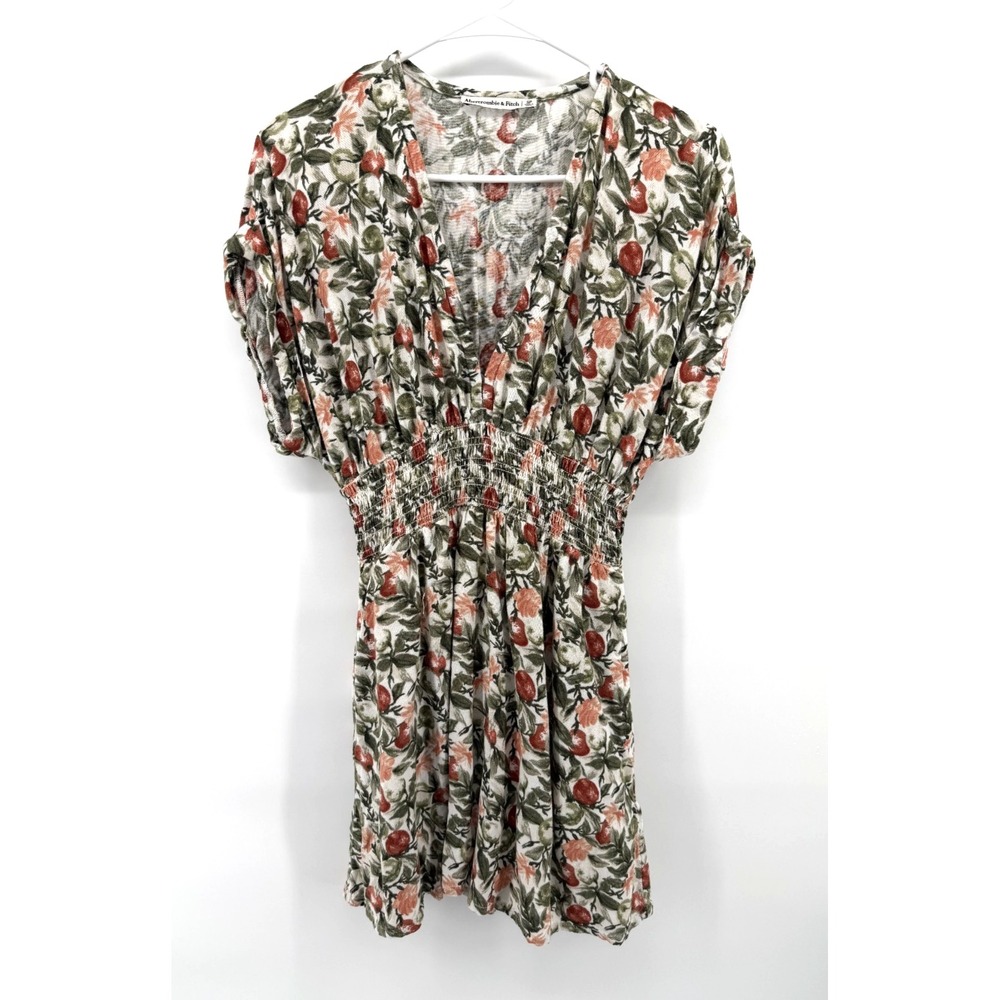 Abercrombie & Fitch Linen Blend Floral Cherry Dress Rouched V Neck Mini Women S